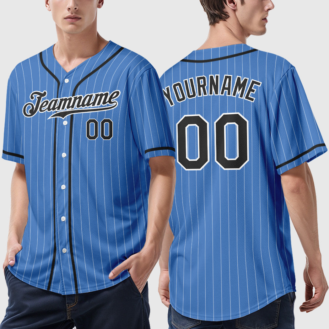 Custom Powder Blue White Black Piping Pinstripe Baseball Jersey
