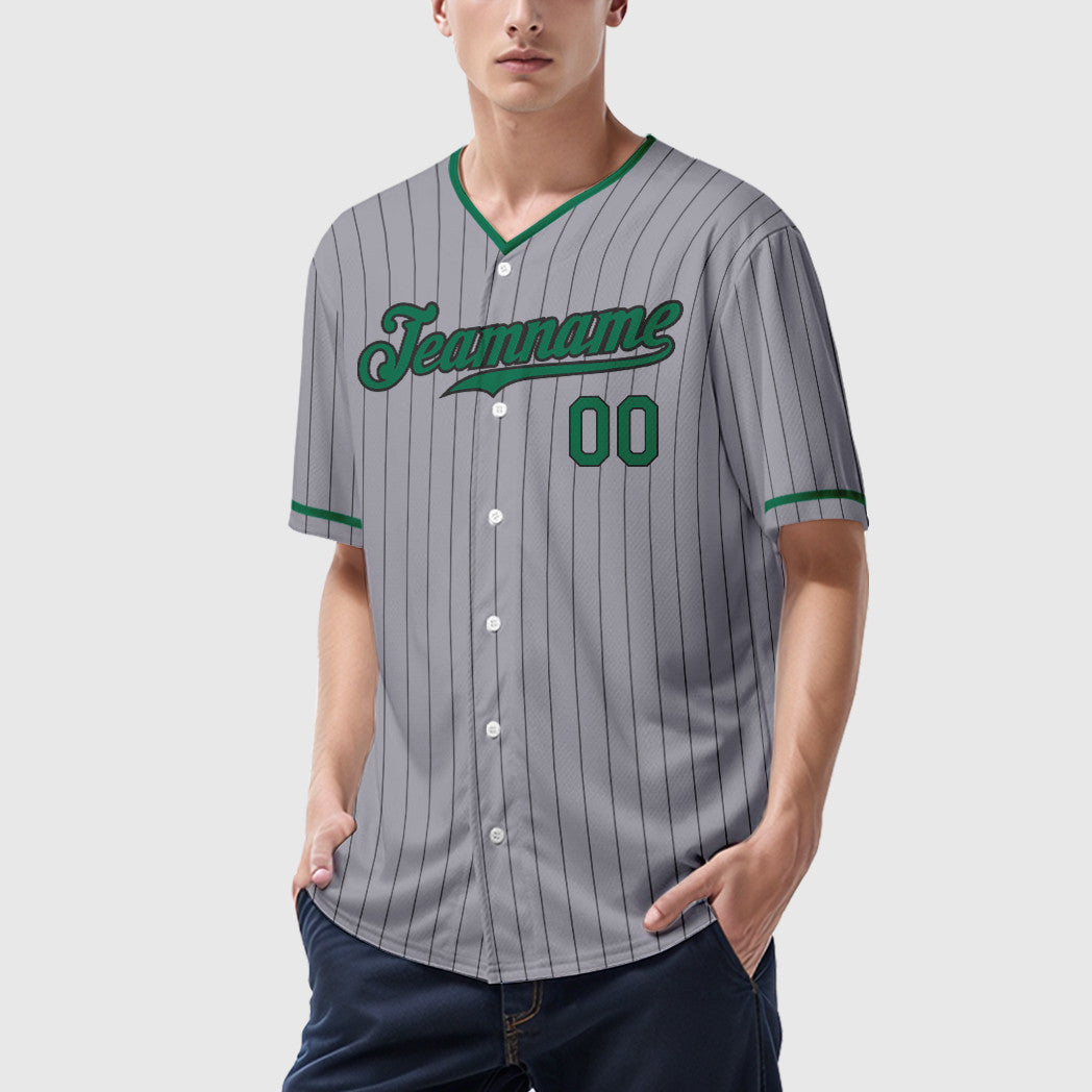 Custom Gray Black Kelly Green Pinstripe Baseball Jersey