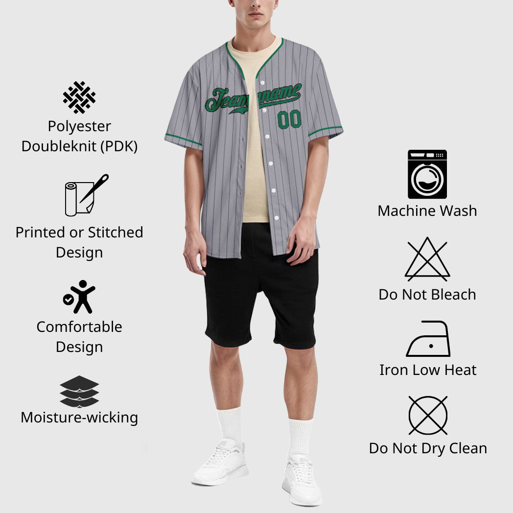 Custom Gray Black Kelly Green Pinstripe Baseball Jersey