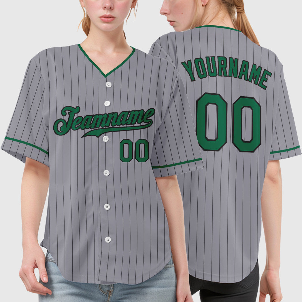 Custom Gray Black Kelly Green Pinstripe Baseball Jersey