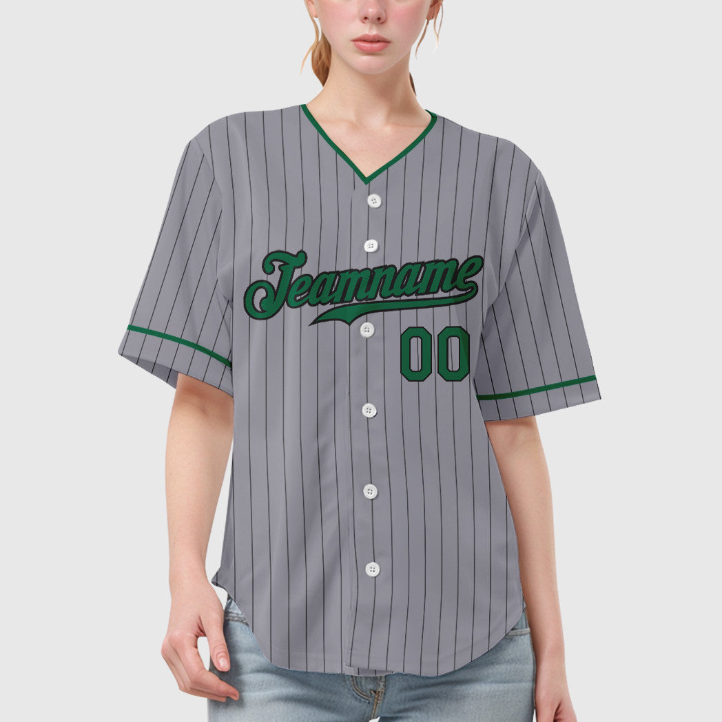 Custom Gray Black Kelly Green Pinstripe Baseball Jersey