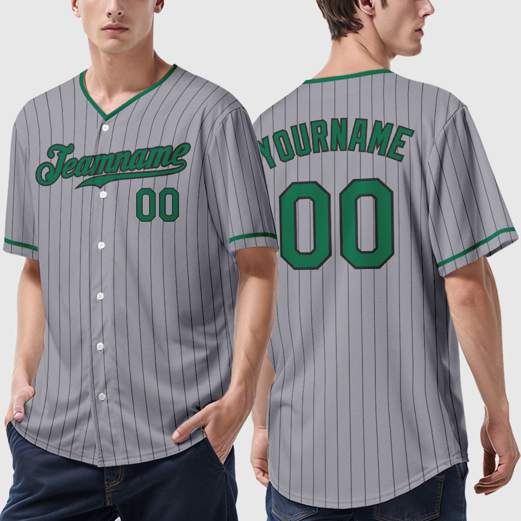 Custom Gray Black Kelly Green Pinstripe Baseball Jersey