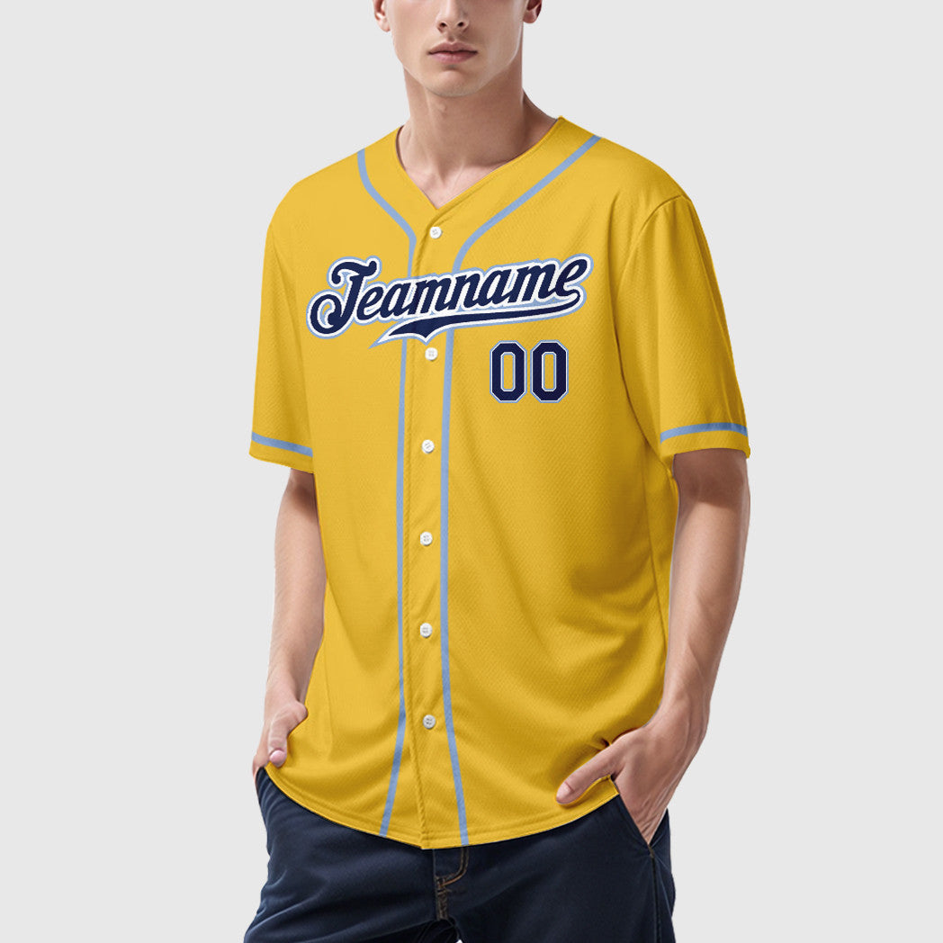 Custom Yellow Navy Navy-Light Blue Sleeve Baseball Jersey