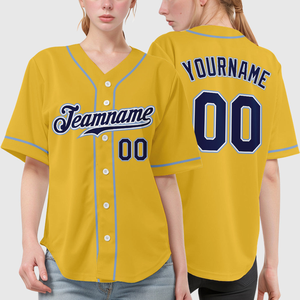 Custom Yellow Navy Navy-Light Blue Sleeve Baseball Jersey