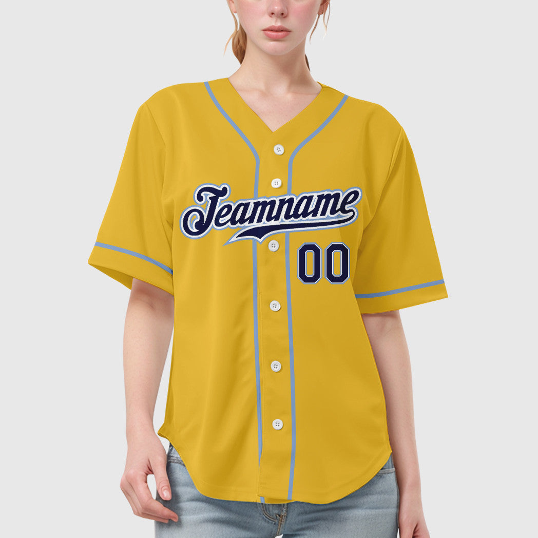 Custom Yellow Navy Navy-Light Blue Sleeve Baseball Jersey