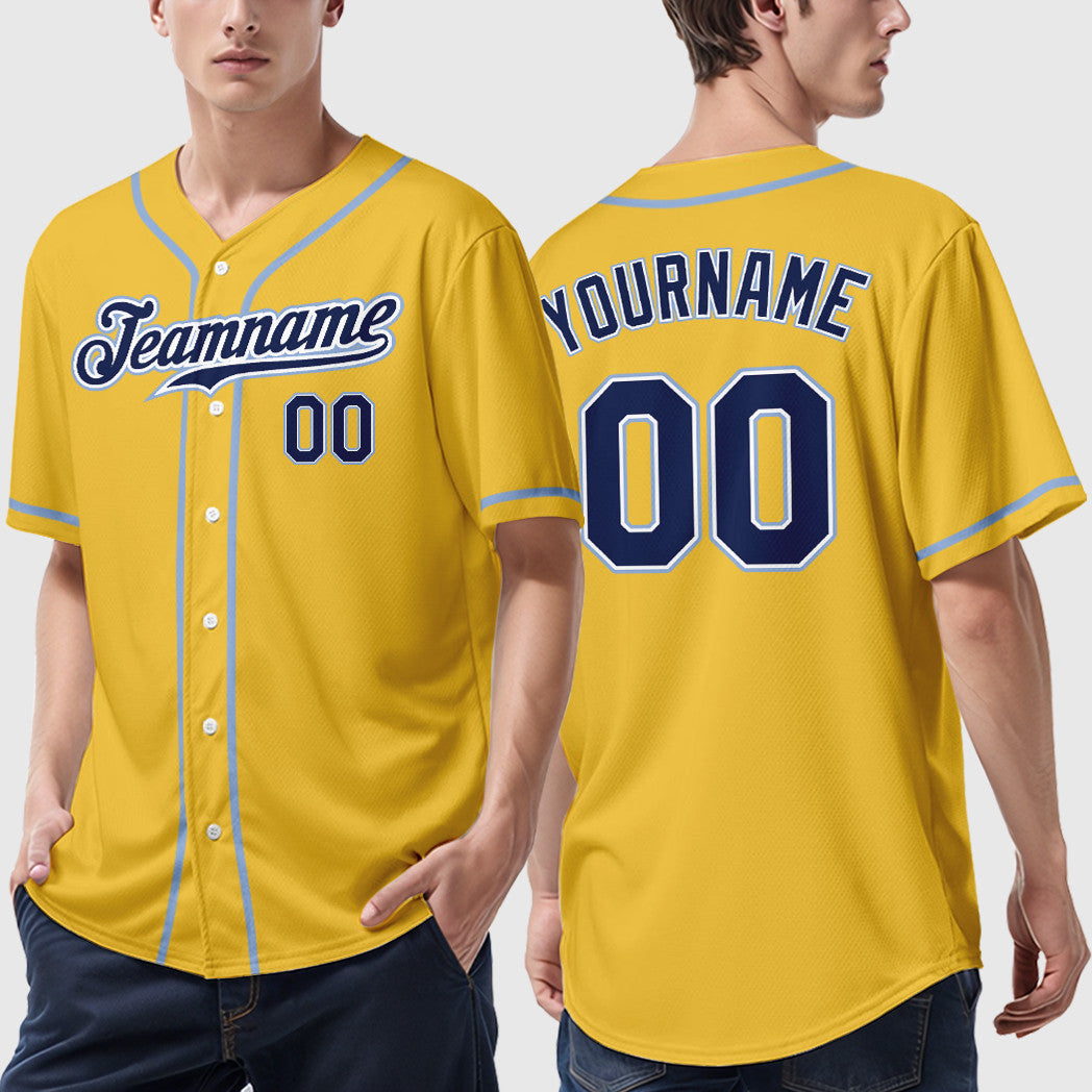 Custom Yellow Navy Navy-Light Blue Sleeve Baseball Jersey