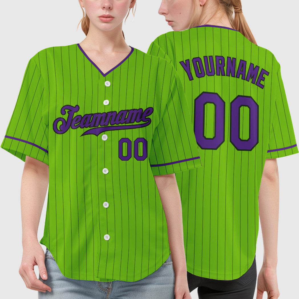 Custom Neon Green Black Purple Pinstripe Baseball Jersey