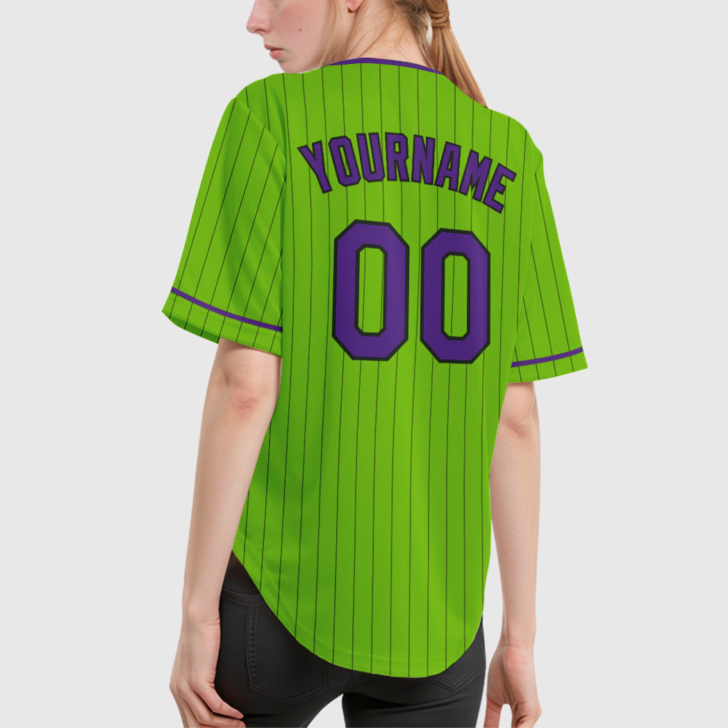 Custom Neon Green Black Purple Pinstripe Baseball Jersey