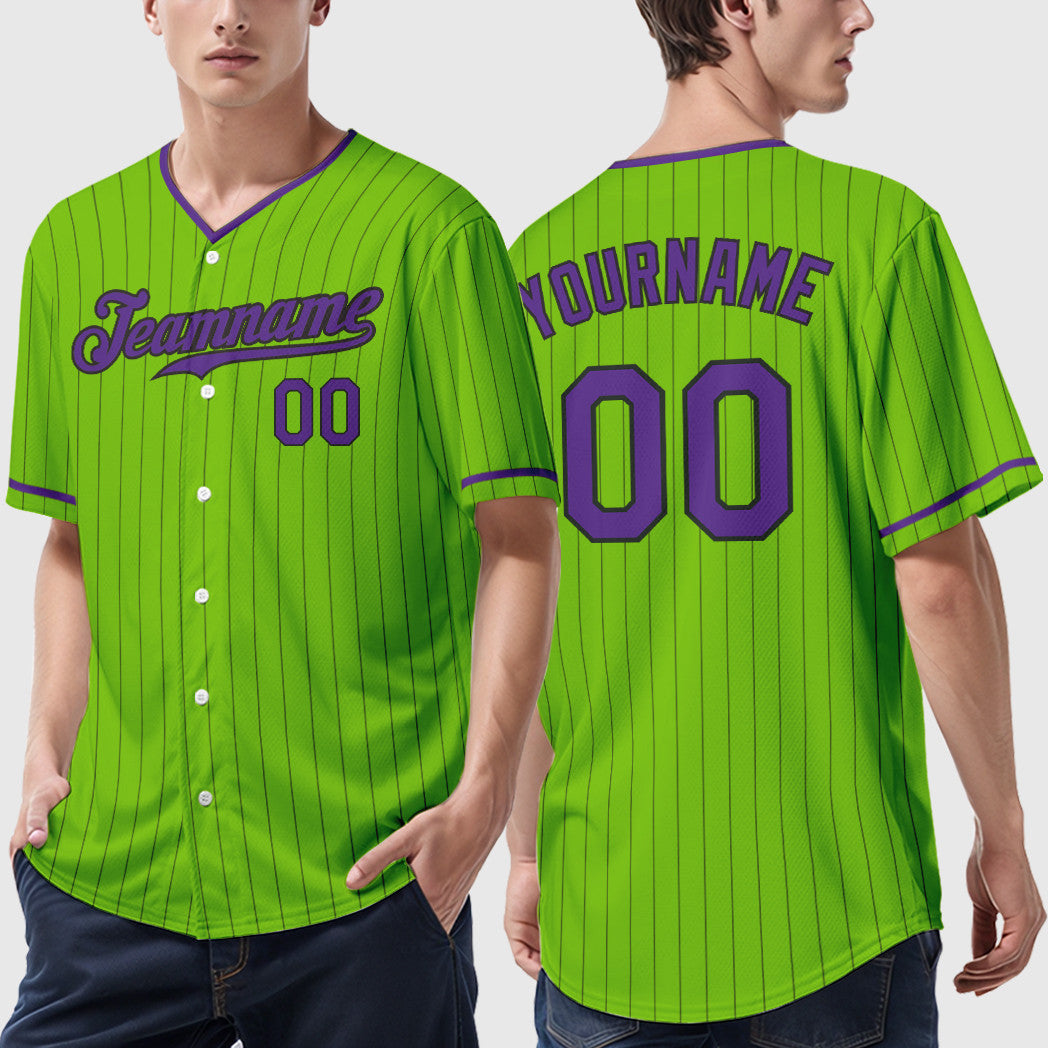 Custom Neon Green Black Purple Pinstripe Baseball Jersey