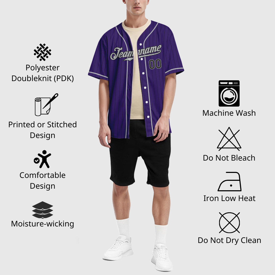 Custom Purple Black Gray Piping Pinstripe Baseball Jersey