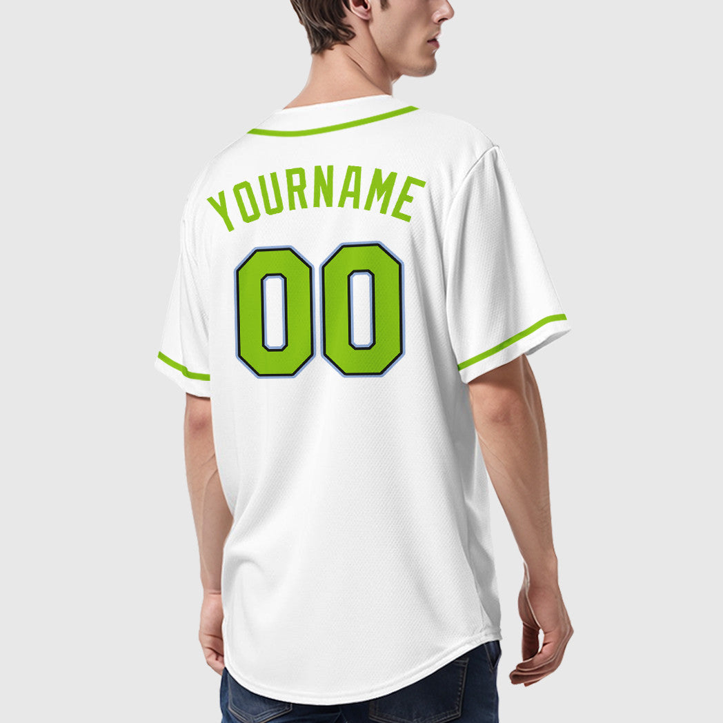 Custom White Light Blue Neon Green-Black Sleeve Baseball Jersey