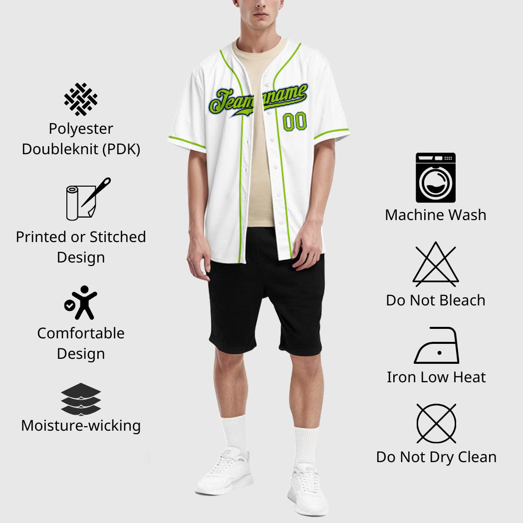 Custom White Light Blue Neon Green-Black Sleeve Baseball Jersey