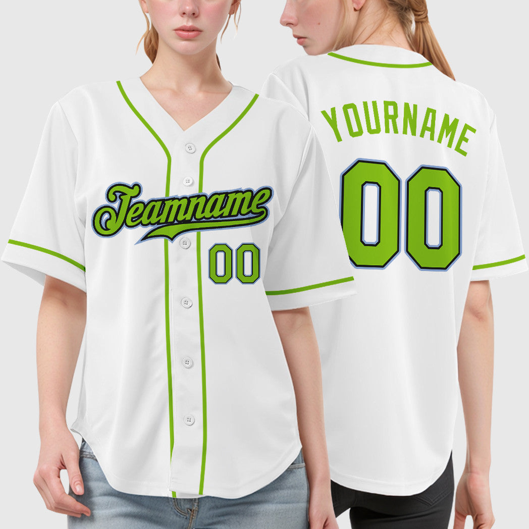 Custom White Light Blue Neon Green-Black Sleeve Baseball Jersey