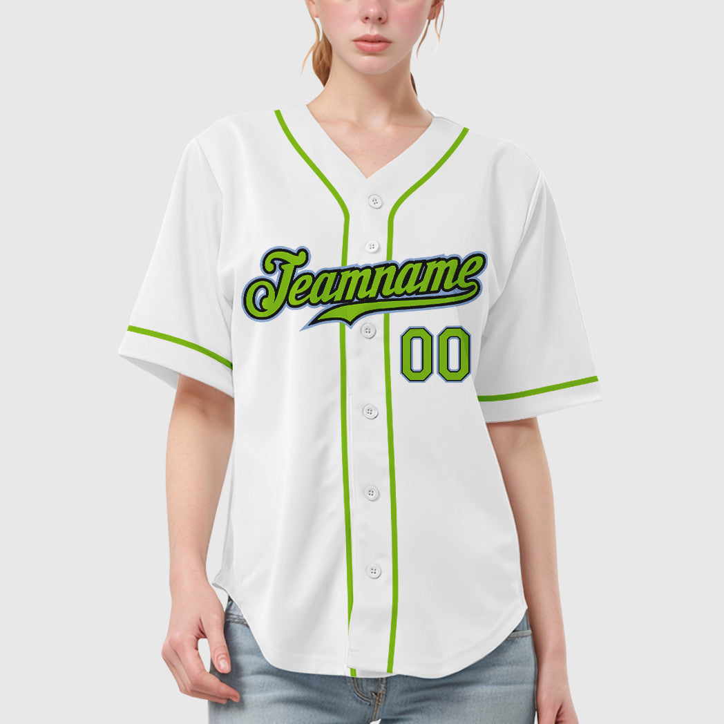 Custom White Light Blue Neon Green-Black Sleeve Baseball Jersey