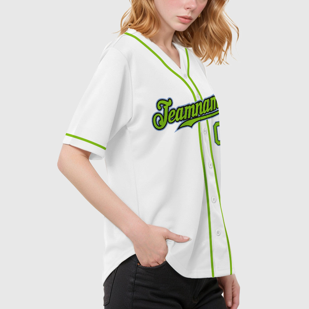 Custom White Light Blue Neon Green-Black Sleeve Baseball Jersey