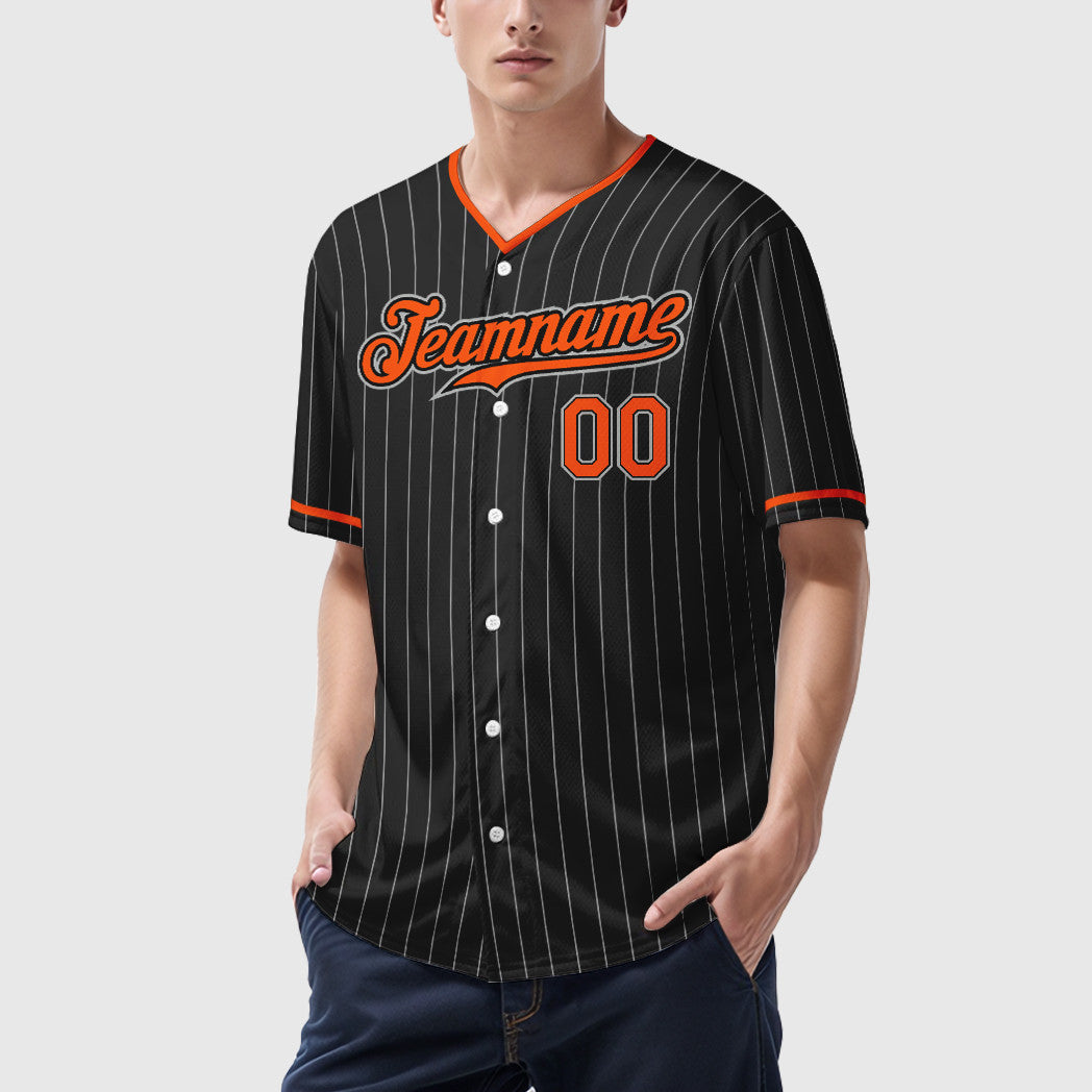 Custom Black Gray Orange Pinstripe Baseball Jersey