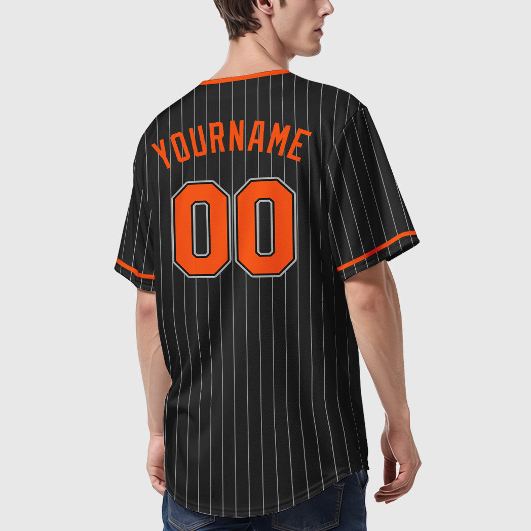 Custom Black Gray Orange Pinstripe Baseball Jersey