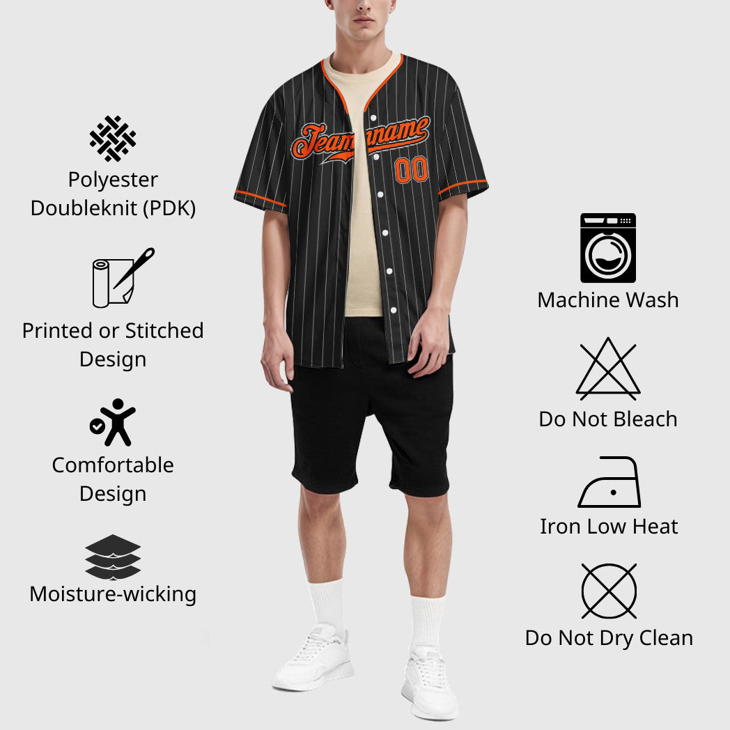 Custom Black Gray Orange Pinstripe Baseball Jersey