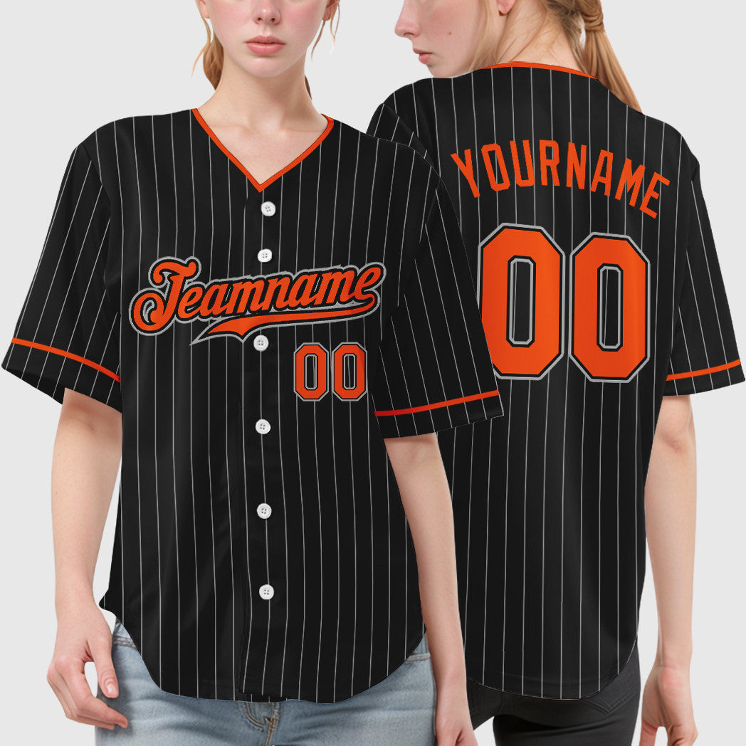 Custom Black Gray Orange Pinstripe Baseball Jersey