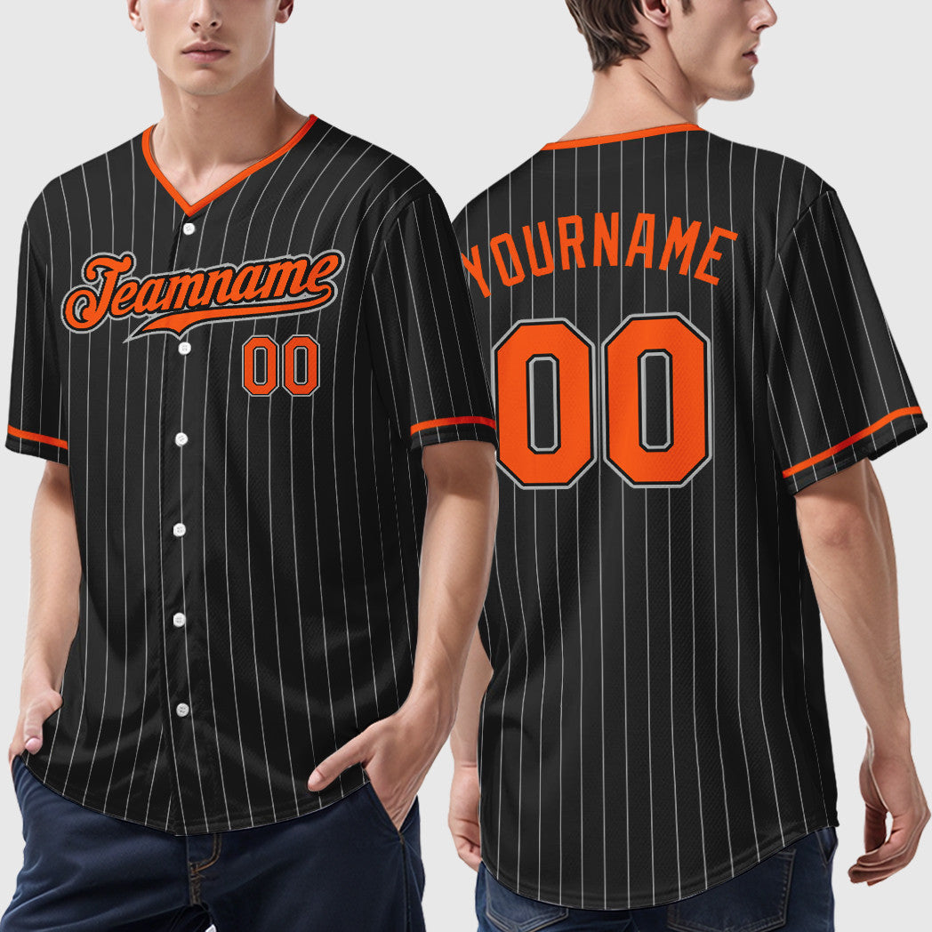 Custom Black Gray Orange Pinstripe Baseball Jersey