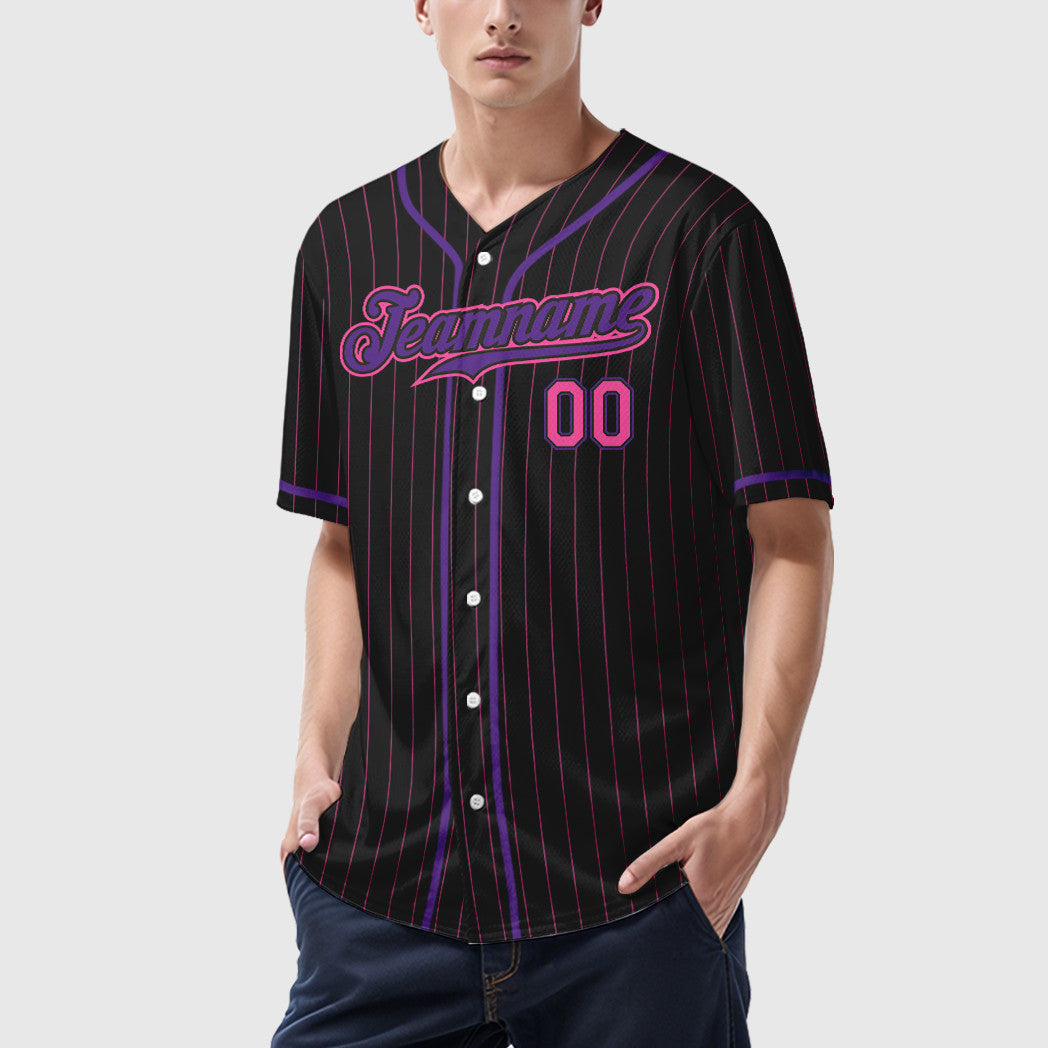 Custom Black Pink Pink-Purple Piping Pinstripe Baseball Jersey
