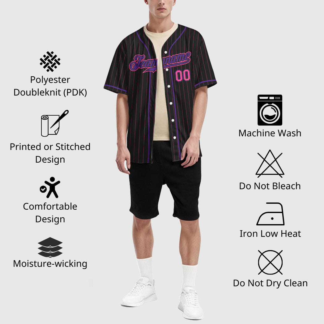 Custom Black Pink Pink-Purple Piping Pinstripe Baseball Jersey