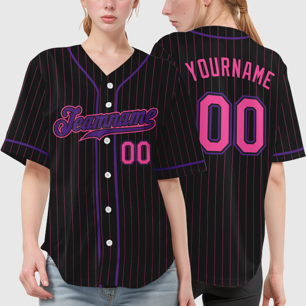 Custom Black Pink Pink-Purple Piping Pinstripe Baseball Jersey