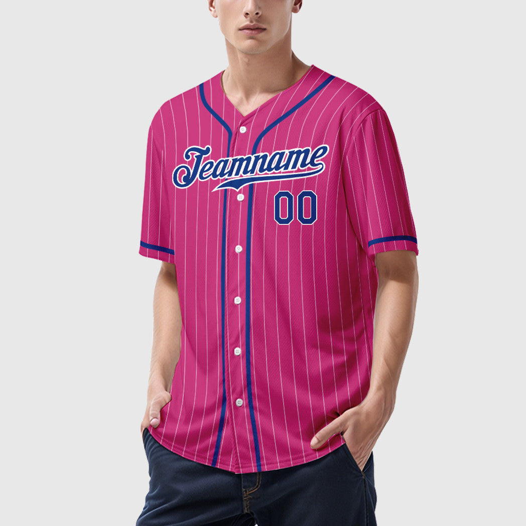 Custom Pink White Royal Piping Pinstripe Baseball Jersey