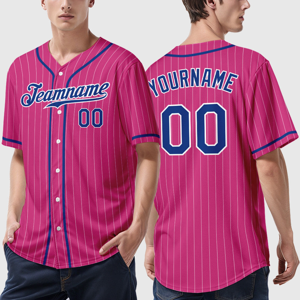 Custom Pink White Royal Piping Pinstripe Baseball Jersey
