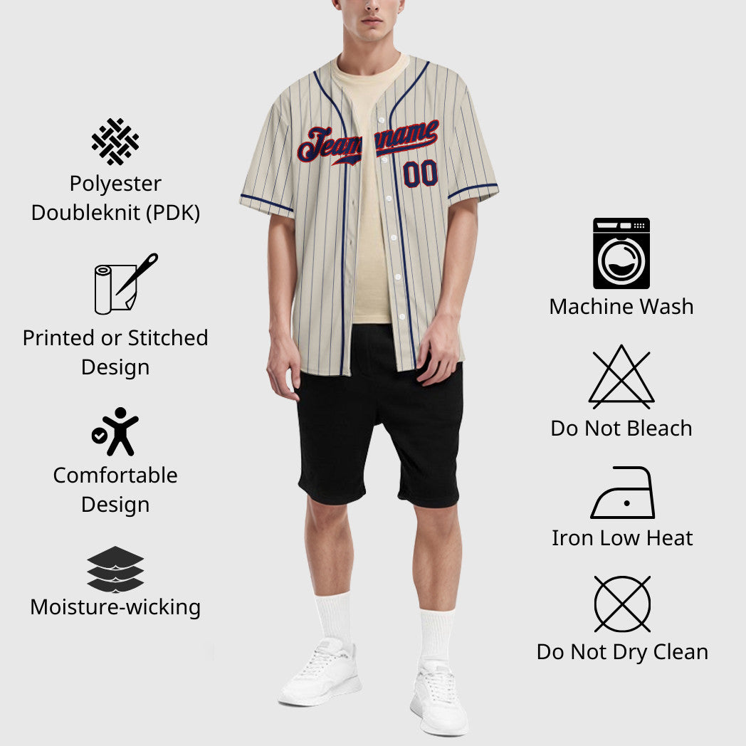 Custom Cream Navy Navy-Red Piping Pinstripe Baseball Jersey