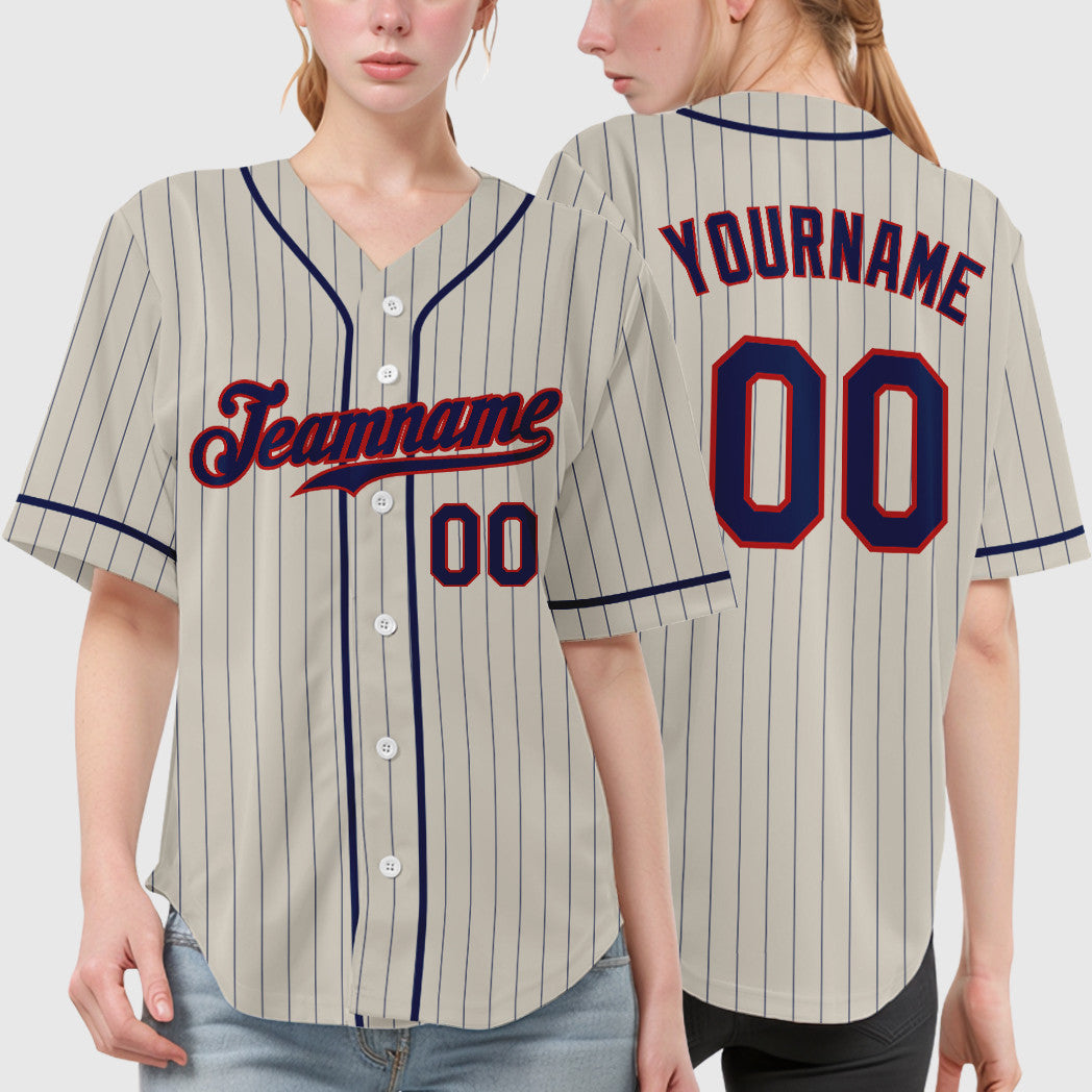 Custom Cream Navy Navy-Red Piping Pinstripe Baseball Jersey