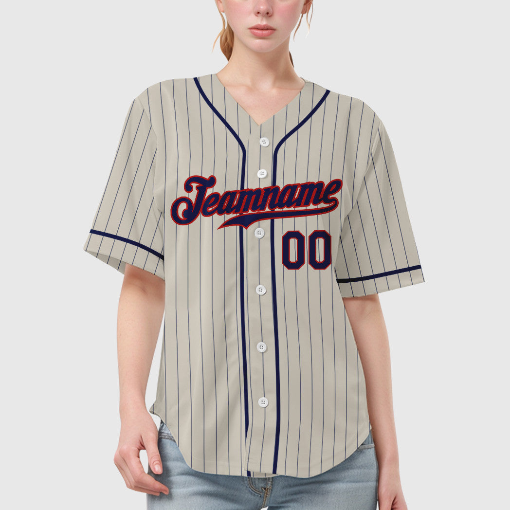 Custom Cream Navy Navy-Red Piping Pinstripe Baseball Jersey