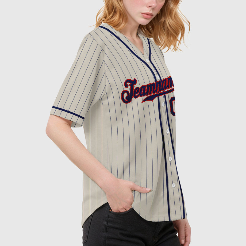 Custom Cream Navy Navy-Red Piping Pinstripe Baseball Jersey