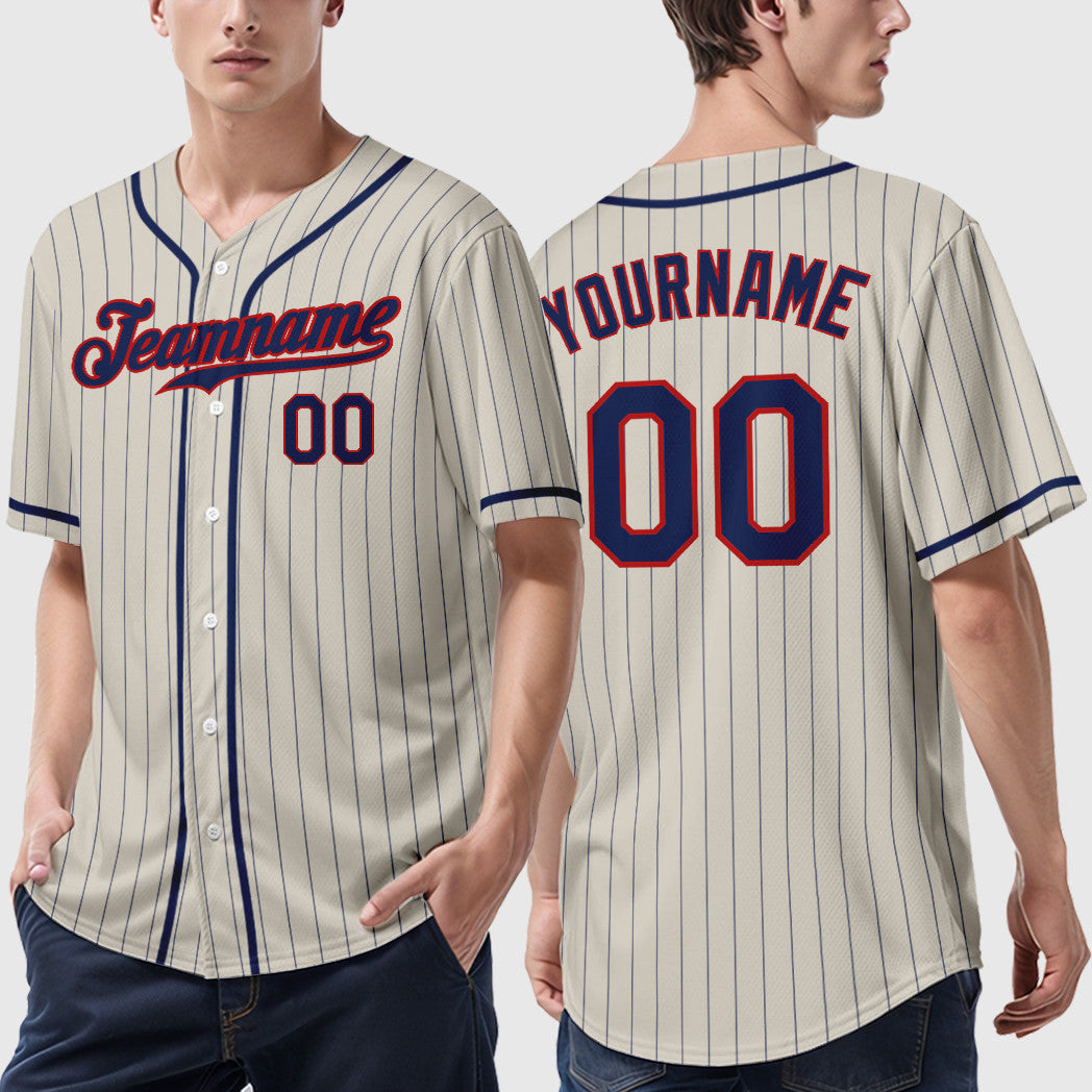 Custom Cream Navy Navy-Red Piping Pinstripe Baseball Jersey