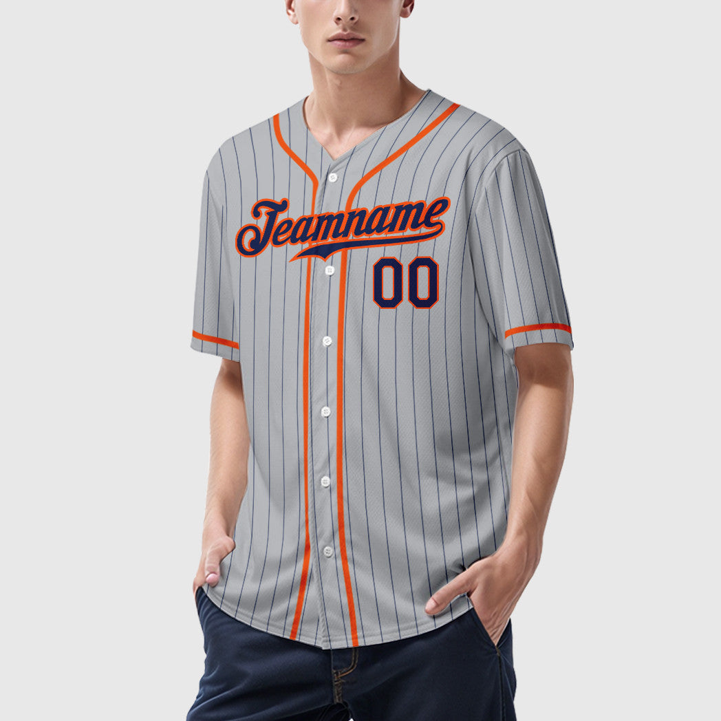 Custom Gray Navy Orange Piping Pinstripe Baseball Jersey