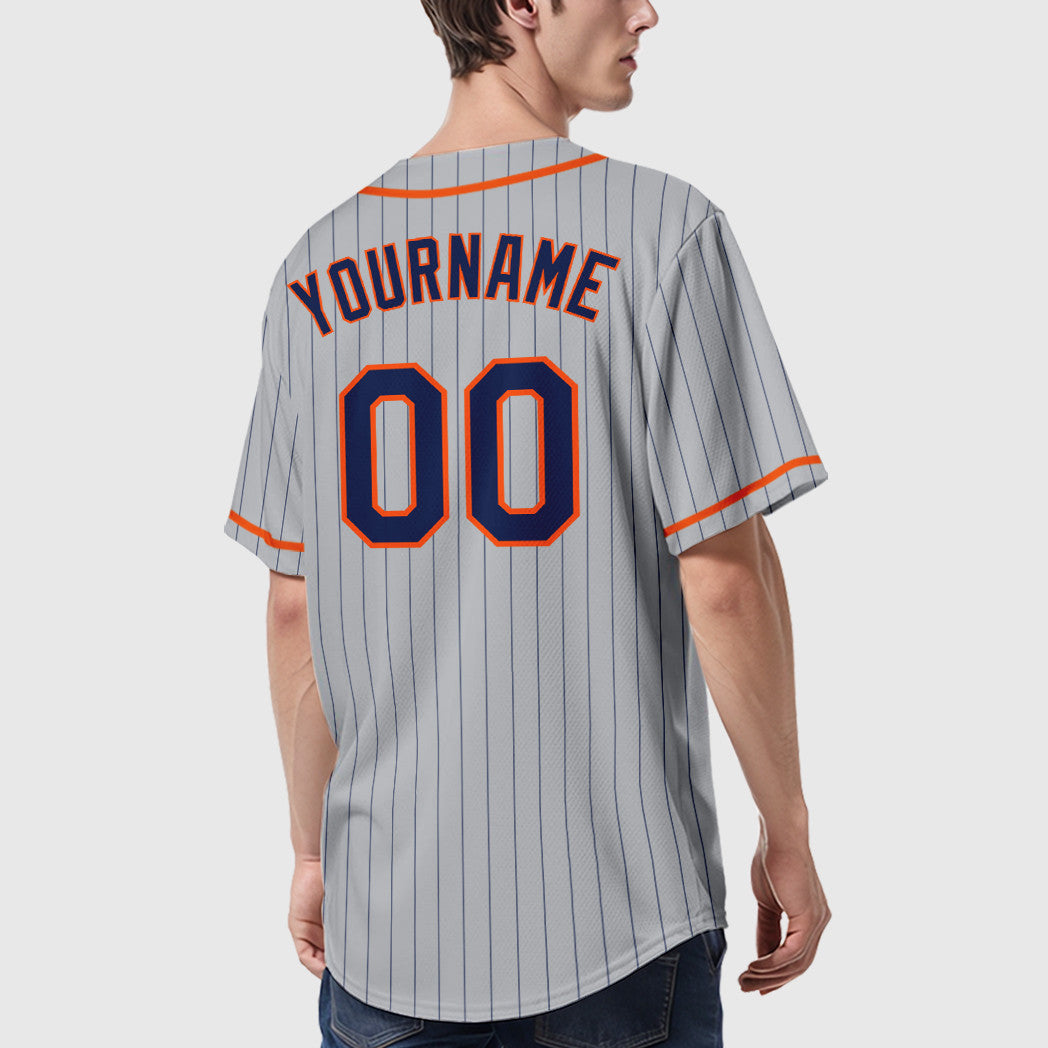 Custom Gray Navy Orange Piping Pinstripe Baseball Jersey