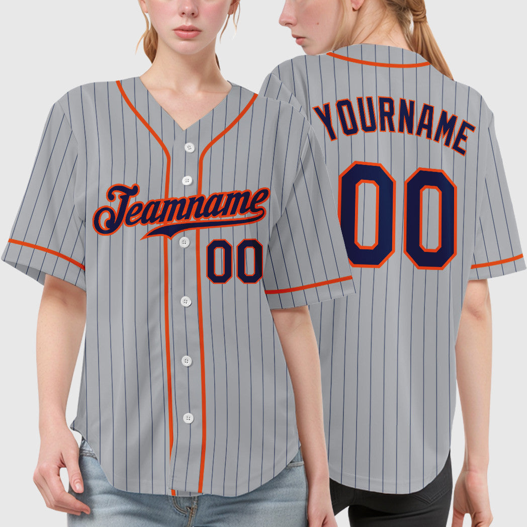 Custom Gray Navy Orange Piping Pinstripe Baseball Jersey