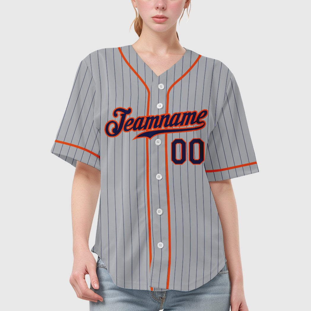 Custom Gray Navy Orange Piping Pinstripe Baseball Jersey