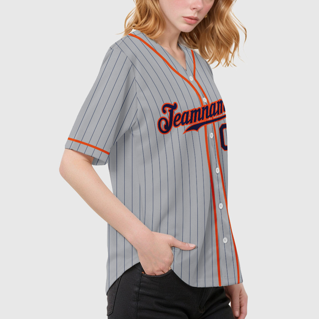 Custom Gray Navy Orange Piping Pinstripe Baseball Jersey