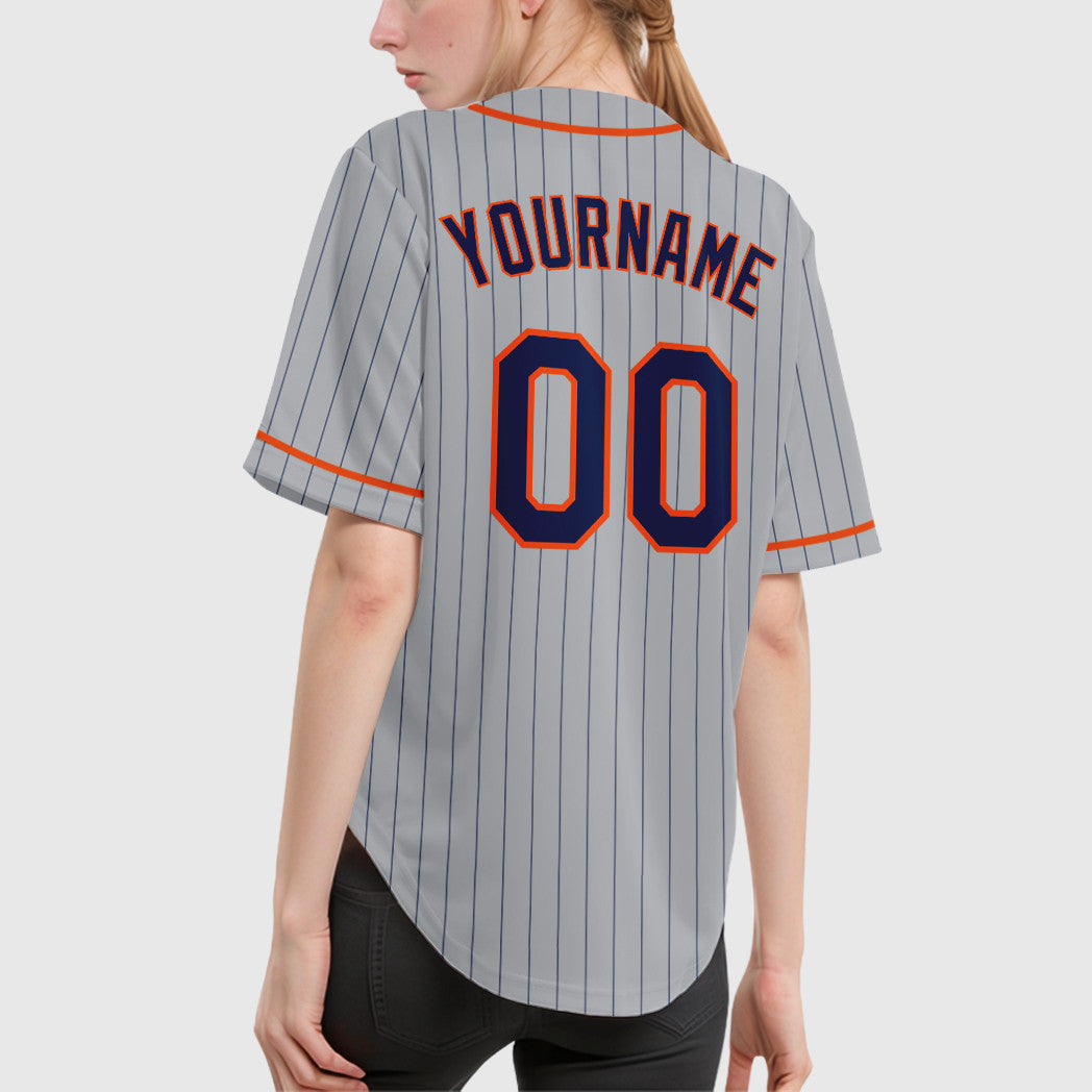 Custom Gray Navy Orange Piping Pinstripe Baseball Jersey