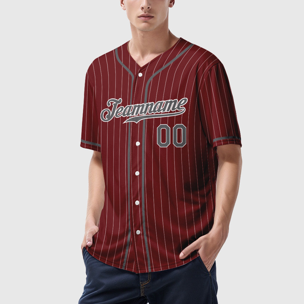 Custom Crimson White Steel Gray Piping Pinstripe Baseball Jersey