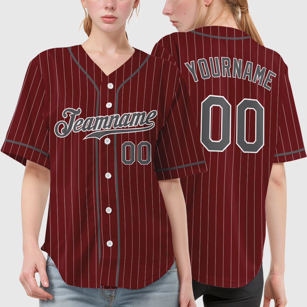 Custom Crimson White Steel Gray Piping Pinstripe Baseball Jersey