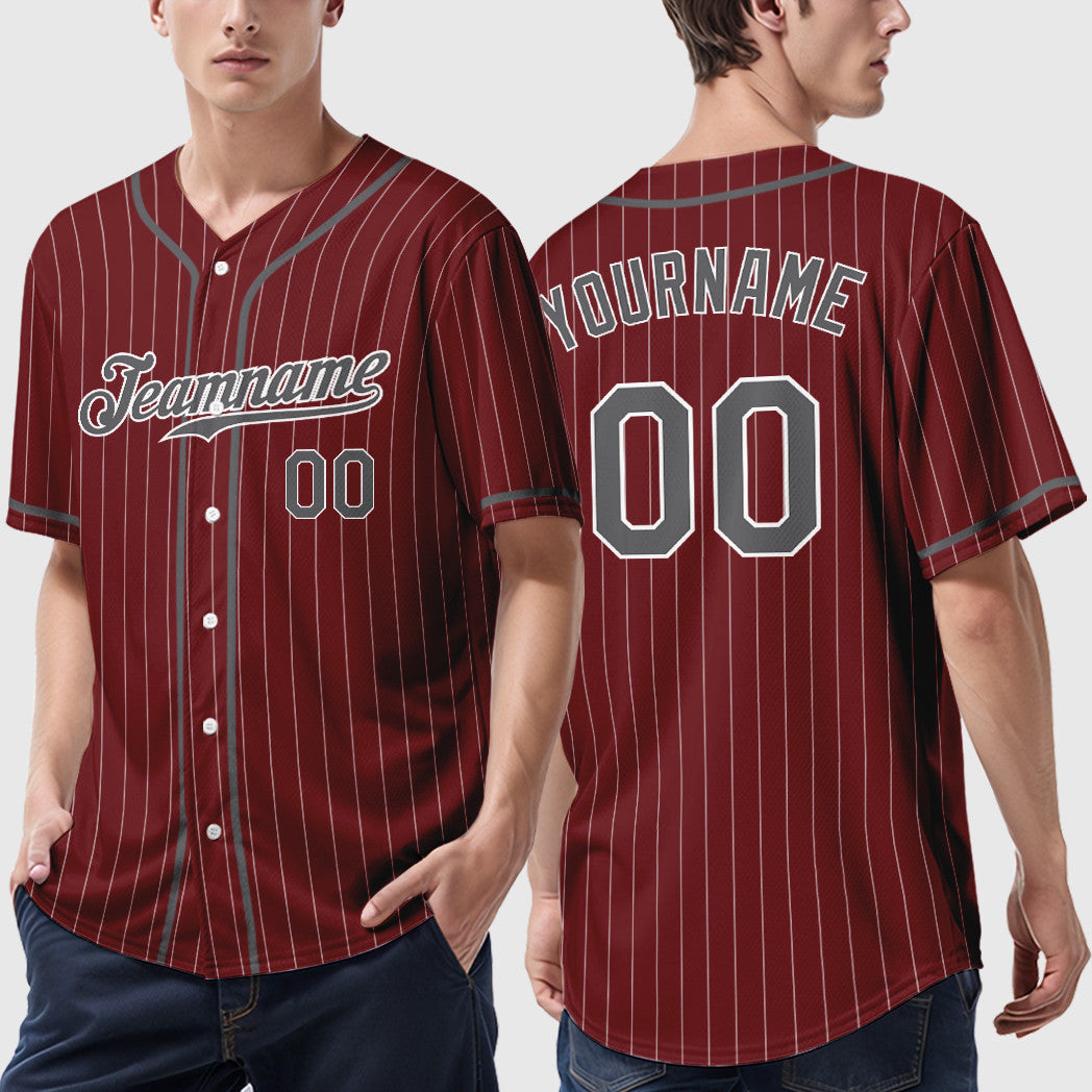 Custom Crimson White Steel Gray Piping Pinstripe Baseball Jersey