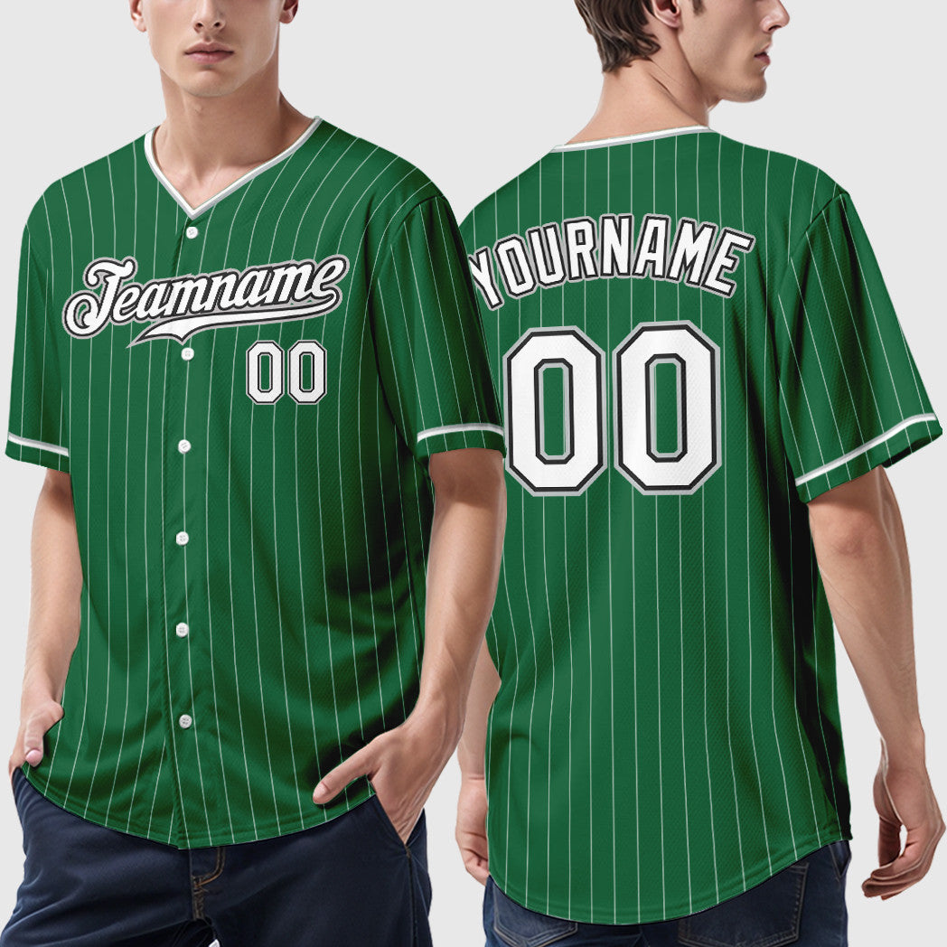 Custom Kelly Green White White Black-Gray Pinstripe Baseball Jersey