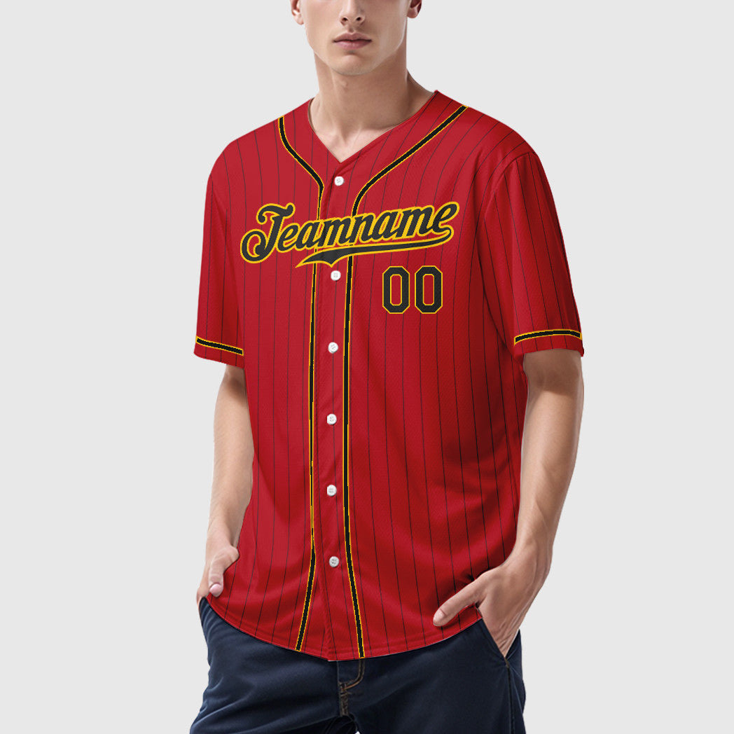 Custom Red Black Black-Gold Piping Pinstripe Baseball Jersey