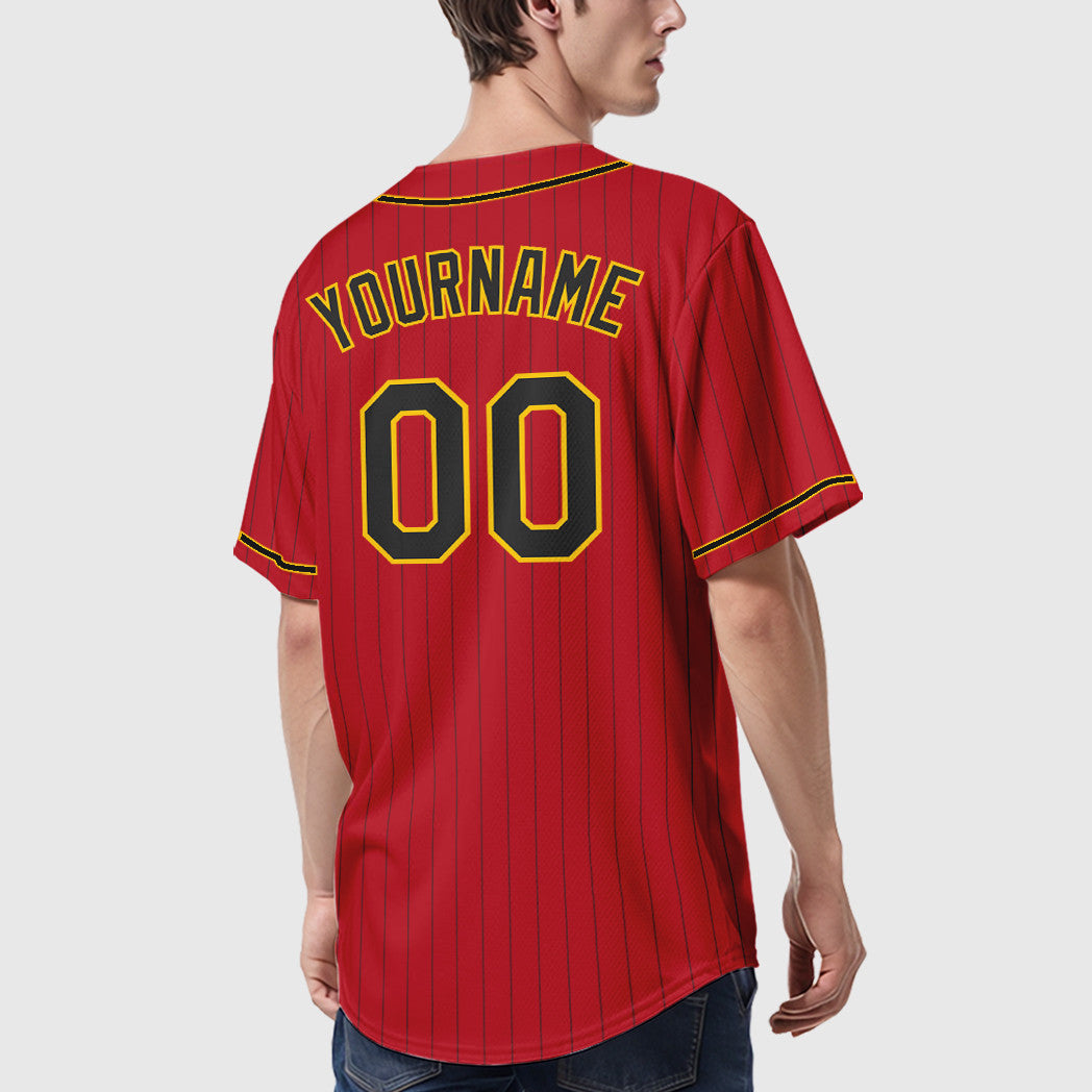 Custom Red Black Black-Gold Piping Pinstripe Baseball Jersey