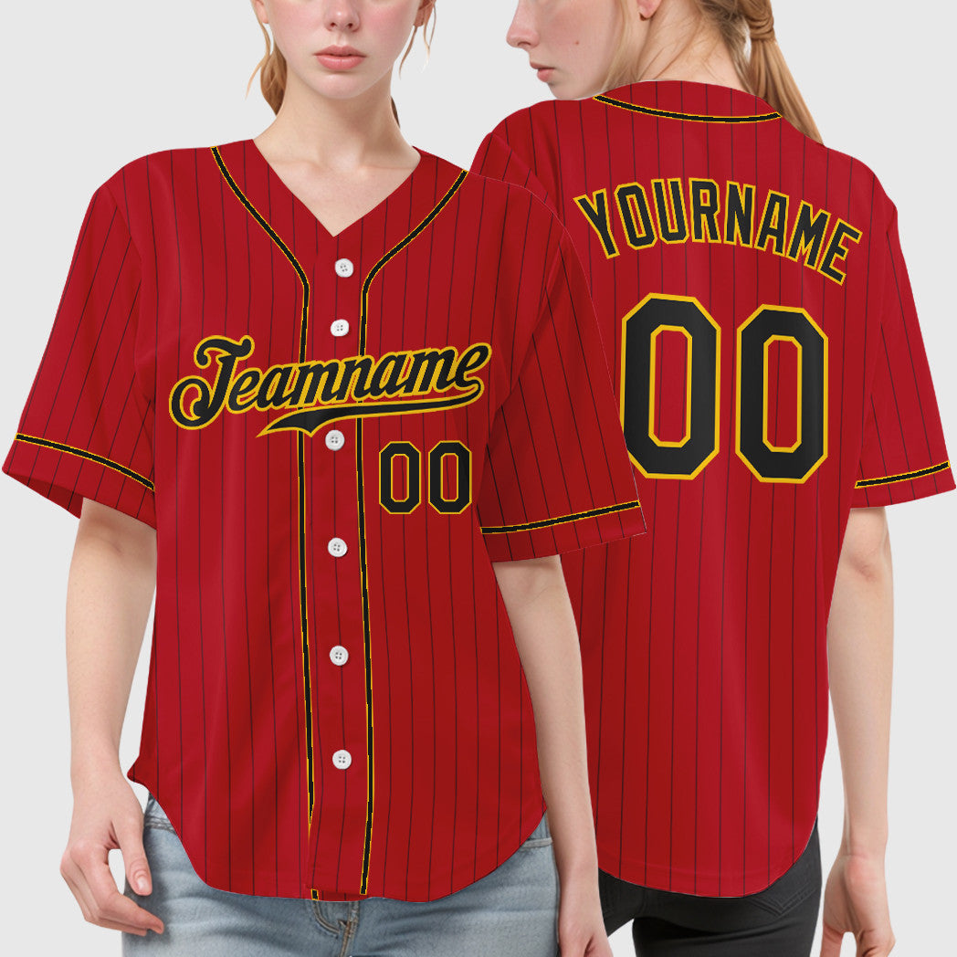 Custom Red Black Black-Gold Piping Pinstripe Baseball Jersey
