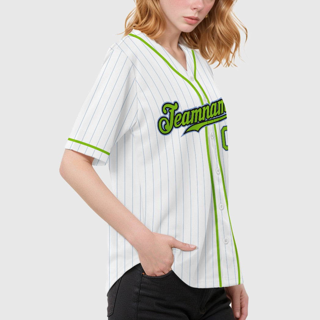 Custom White Light Blue Neon Green-Black Piping Pinstripe Baseball Jersey