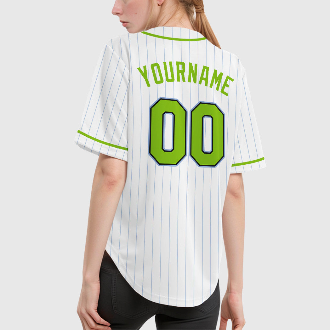 Custom White Light Blue Neon Green-Black Piping Pinstripe Baseball Jersey
