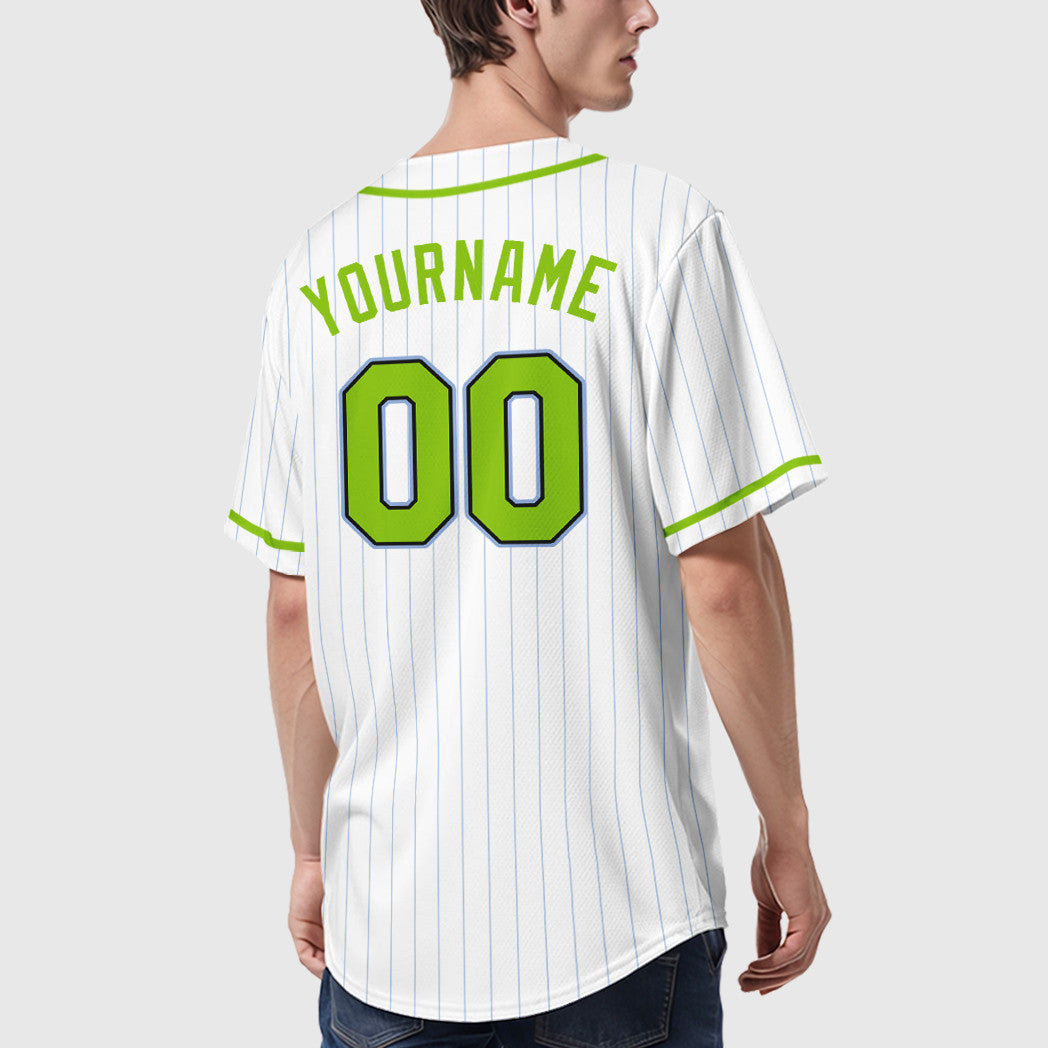 Custom White Light Blue Neon Green-Black Piping Pinstripe Baseball Jersey